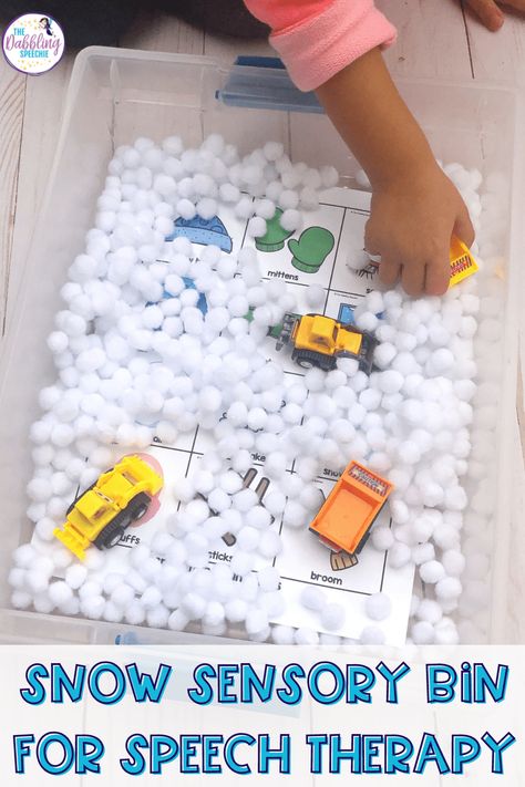 Snow-sensory-bin-plow-truck-speech-therapy-pinterest Early Language Activities Speech Therapy, Sensory Bin Speech Therapy, Winter Slp Activities, Speech Therapy Sensory Bins, Winter Speech Therapy Activities, Snow Sensory Bin, Snow Sensory, Speech Therapy Activities Elementary, Aac Activities