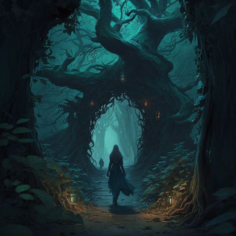 Mysterious Forest Art, Dark Fantasy Tree Art, Underground Forest Fantasy Art, Dark Fantasy Forest Aesthetic, Dark Fantasy Forest Art, Dark Enchanted Forest Aesthetic, Dark Magical Forest Aesthetic, Dark Forest Aesthetic Night, Fantasy Forest Drawing