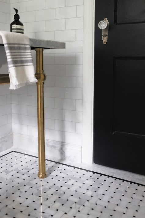 Malcolm's Bathroom Reveal - The Power Of Pivoting, Intentional Design, And A DIY That Will Have You Digging Into Your Walls - Emily Henderson Small Bathroom With Marble Tile, Black And White Bathroom Floor Ideas, Small Tiled Bathroom, Small Bathroom Floor Tile Ideas, Black And White Bathroom Tile, Vintage Bathroom Floor, Black And White Bathroom Floor, Classic Bathroom Tile, Black And White Tiles Bathroom