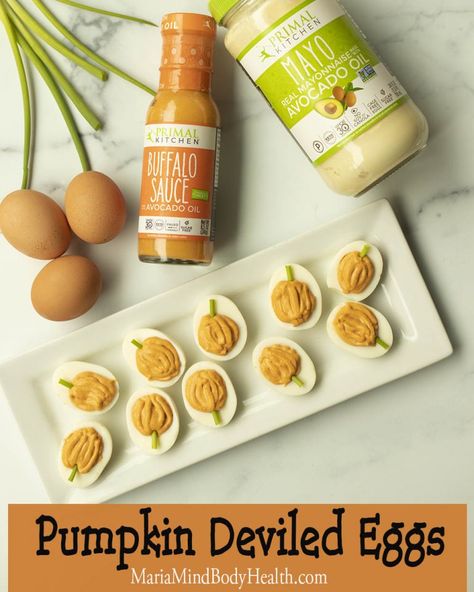 Pumpkin Deviled Eggs - Maria Mind Body Health Cute Food Recipes, Keto Halloween, Cute Halloween Food, Buffalo Deviled Eggs, Eggs Deviled, Pumpkin Deviled Eggs, Deviled Egg Recipe, Maria Mind Body Health, Deviled Eggs Recipe Classic