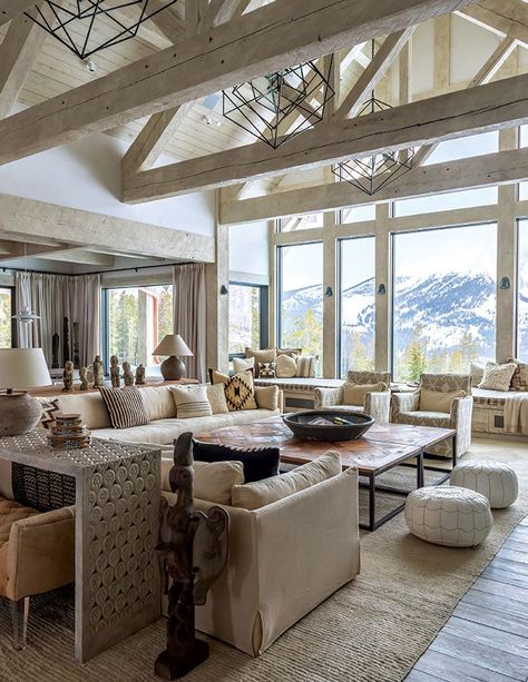 This cozy mountain home reflects the beauty of the Rockies while also being modern, light, and airy. Cozy Mountain Home, Vaulted Ceiling Living Room, Coastal Living Rooms, Modern Farmhouse Living Room, Rustic Living, Rustic Living Room, Rustic Interiors, Farmhouse Living, Rustic Modern