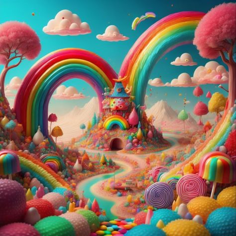 Rainbow core Candyland Aesthetic, Candyland Games, Rainbow Colors Art, Candy Mountain, Magical Girl Aesthetic, Jelly Wallpaper, Pastel Home Decor, Magic Land, Storybook Art