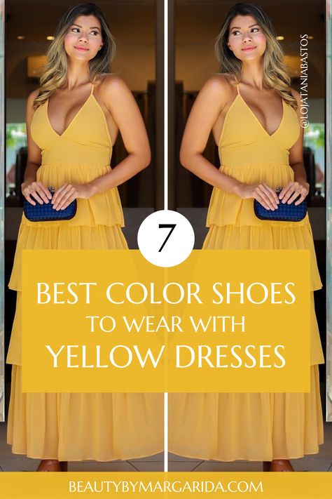 Not sure what color shoes to wear with a yellow dress? Check out our guide to find the perfect shoes to complement your yellow dress, whether for a wedding or a laid-back party! Mustard Dress Accessories, Yellow Cocktail Dress Outfit, Yellow Dress With Accessories, Black Dress Yellow Accessories, Yellow Occasion Dress, Shoes For Mustard Color Dress, Styling A Yellow Dress, Style Yellow Dress, Accessories For Yellow Dress