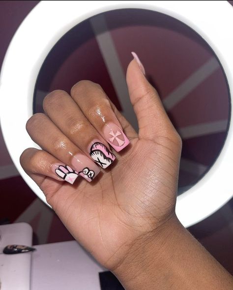 Nails Kaws Short, Short Nail Designs Kaws, Short Square Acrylic Nails Kaws, Pink Kaws Nails Design, Bearbrick Nails, Kaw Short Nails, Cancerian Nail Art, Medium Kaws Nails, French Tip Kaws Nails