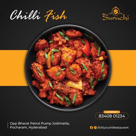 CHILLI FISH Good Food, Good Mood Healthy + Delicious For Reservations- 8340801234 Visit-opp. to Bharat Petrol Pump, Jodimetla, Pocharam, Telangana #srisuruchirestaurant #deliciousfood #foodmood #ChilliFish #seafood #seafoodlover #healthyfood #goodfood #weekendmood #weekendmood Chilli Fish, Fish Banner, Good Food Good Mood, Petrol Pump, Sea Food, Healthy Delicious, Good Mood, Seafood, Chili