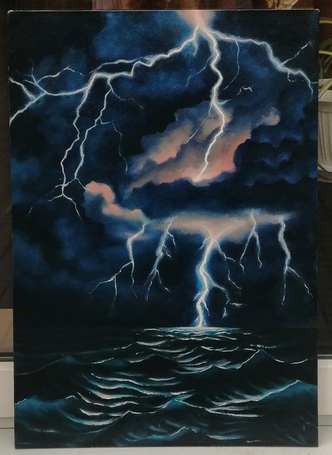 Thunder Storm Painting, Painting Ideas On Canvas Lightning, Painting Ideas Lightning, Northern Lights Painting Acrylic, Thunder Painting, Thunderstorm Painting, Lightning Painting, Surreal Art Painting, Storm Painting