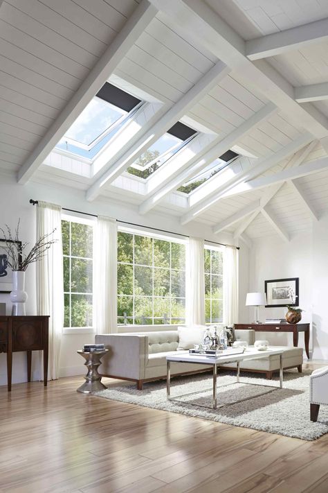 Bright Airy Family Room Design - Honeybear Lane Skylight Living Room, Skylight Room, Skylight Installation, Skylight Design, Velux Skylights, Room Extensions, Bright Living Room, Mid Century Modern Living, Mid Century Modern Living Room