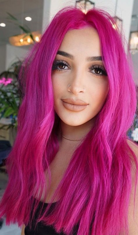 Pink Vivid Hair, Hot Pink Hair Aesthetic, Middle Part Long Hair, Hair Inspp, Berry Pink Hair, Unusual Hairstyles, Colorful Hair Ideas, Vibrant Pink Hair, Neon Pink Hair