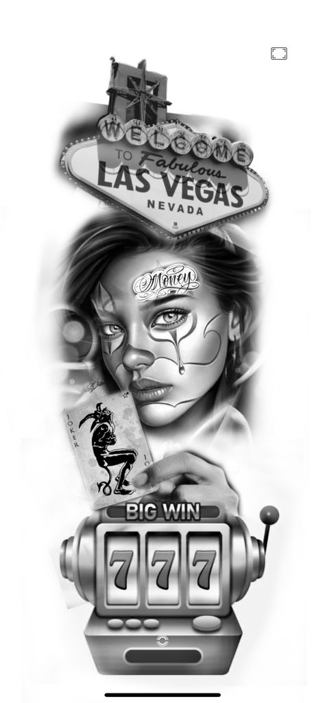 Las Vegas Tattoo Designs, Chicana Tattoo Design, Las Vegas Tattoo, Guardian Angel Tattoo Designs, Casino Tattoo, Vegas Tattoo, Arm Tats, Gangsta Tattoos, Funky Tattoos