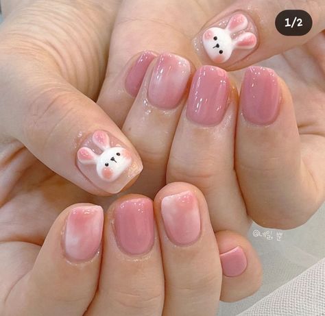 Teddy Nail Art, My Melody Nails, Rabbit Nails, Rabbit Nail Art, Nails Tay, Nail Cute, Bunny Nails, Nail Painting, Asian Nails