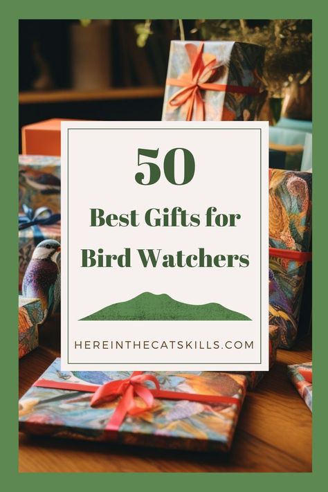 Gifts with bird-themed wrapping paper for birders with text reading: "50 Best Gifts for Bird Watchers" Birdhouse Gift Basket Ideas, Gifts For Birders, Bird Lovers Gift Basket, Bird Feeder Gift Basket Ideas, Bird Lovers Gift Ideas, Birding Tips, Bird Feeder Gift, Gifts For Bird Lovers, Best Bird Feeders