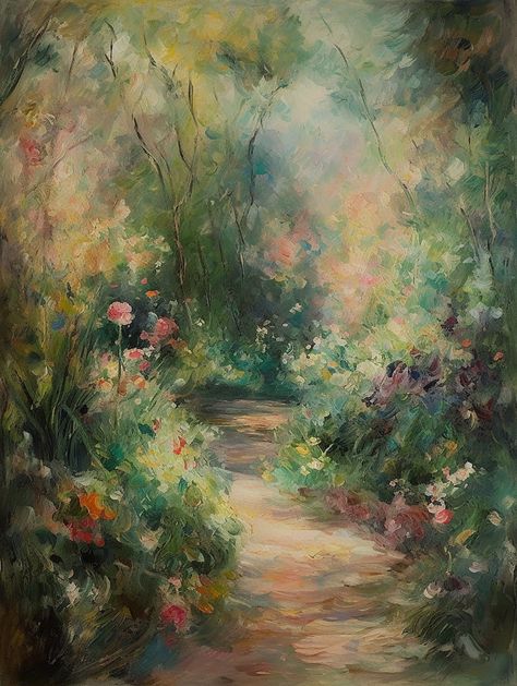 "\"A summer morning walk\" Bring the beauty of the French countryside into your home with this painting of a mysterious garden path in summer. This is a lovely Impressionist piece that would fit with both traditional and modern interiors.  DIGITAL FILE: Please note this is a digital painting and no physical product will be shipped. Once you have purchased your artwork, you will receive a confirmation email from Etsy with a download link. You can also access your downloads at any time under Purch Impressionist Digital Art, Vintage Paintings Aesthetic, Vintage Painting Ideas, Art Inspo Painting, French Countryside Aesthetic, Flower Garden Painting, Impressionist Paintings Landscape, Path Painting, Cool Digital Art