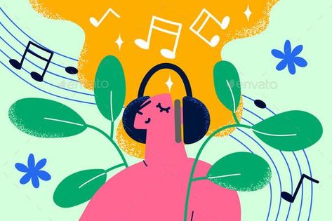 Enjoying Listening to Music Concept Music Therapy Illustration, Character Wearing Headphones, Headphone Poster, Listening To Music Drawing, Tempo Music, Concept Advertisement, Fashion Booklet, Woman Cartoon, Music Listening