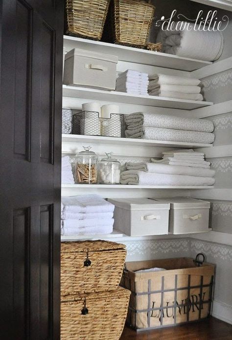 If your towels, blankets, and sheets are all within the same color palette and aesthetic family, then simply folding them in the linen closet will look more attractive. #hunkerhome #towels #linens #storage #linenstorage Linen Closet Makeover, Organiser Son Dressing, Linen Closet Storage, Bathroom Closet Organization, Closet Diy, Organized Closet, Closet Organization Ideas, Hallway Closet, Linen Cupboard