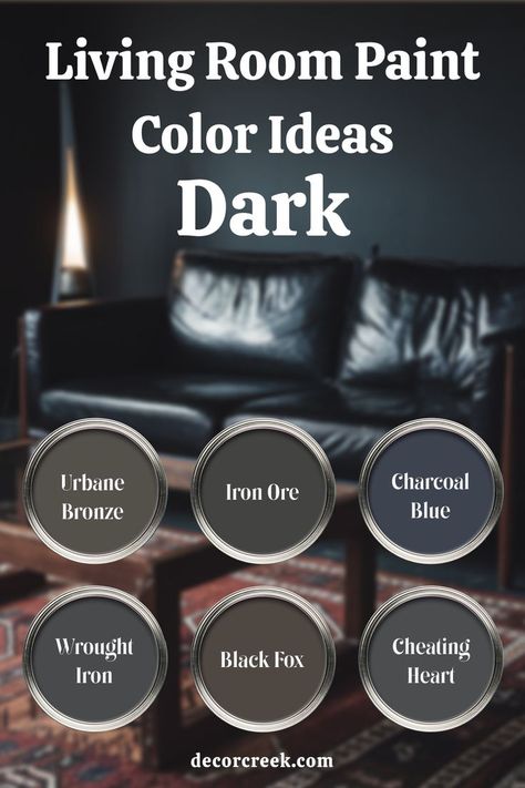 The image features 6 dark paint colors for living rooms, titled "Living Room Paint Color Ideas Dark." Each color is displayed as a circular sample, set against a blurred background of a dark, moody living room with a black leather sofa and a warm-toned rug. The colors shown are Urbane Bronze, Iron Ore, Charcoal Blue, Wrought Iron, Black Fox, Cheating Heart. Mancave Paint Color Ideas, Gothic Living Room Paint Colors, Best Dark Accent Wall Color, Sherwin Williams Color Schemes Interiors, Iron Ore Wall Color, Living Room Dark Paint Color Ideas, Dark Sherwin Williams Paint Colors, Best Charcoal Paint Color, Moody Interior Paint Colors