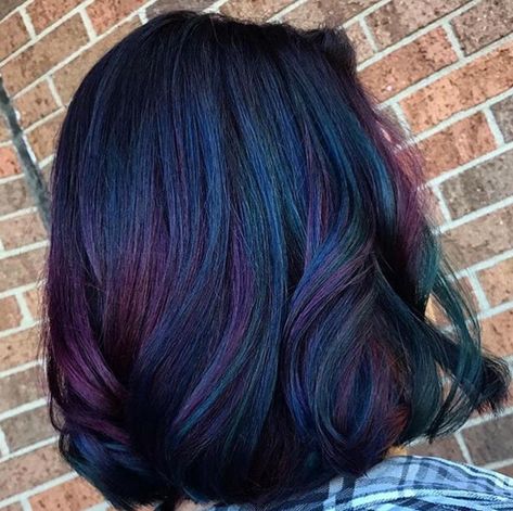 This hair colour trend is for every Indian girl who’s done playing it safe | Vogue India Dark Rainbow Hair Color Ideas, Burgundy Purple And Blue Hair, Blue Black Shoulder Length Hair, Dark Rainbow Hair Color, Peacock Ombre Hair, Dark Brown Rainbow Hair, Oil Slick Hair Color Short, Oil Slick Hair Color Brunettes, Dark Blue And Purple Hair