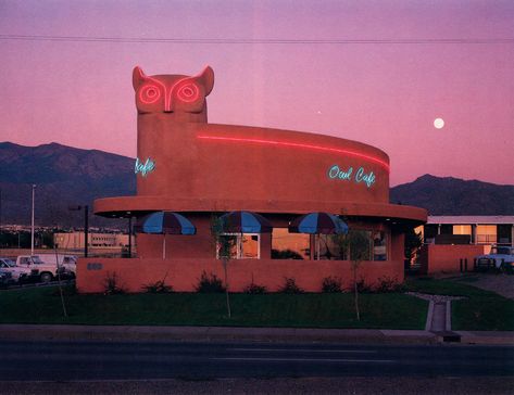 James A. Kaufman & Associates, Owl Café, Albuquerque, New Mexico, 1986 New Mexico Aesthetic, Mexico Aesthetic, Bg Design, Albuquerque News, Albuquerque New Mexico, Roadside Attractions, Vintage Interiors, Vintage Games, Retro Aesthetic