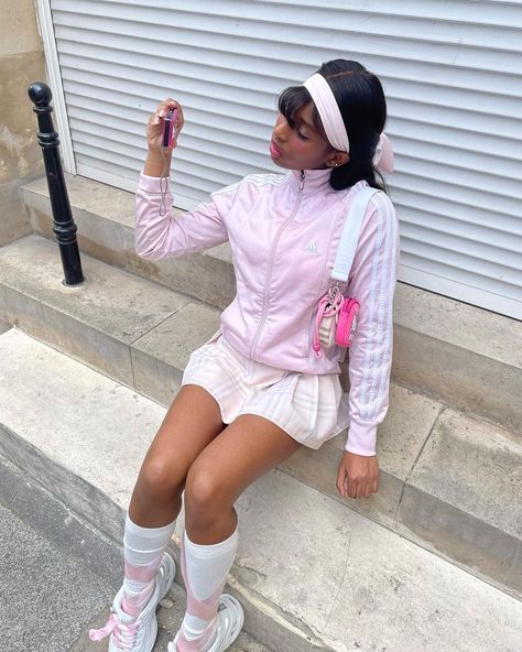 Adidas pink and ribbons 🎀👟 | Instagram Pink Adidas Jacket Outfit, Pink Sporty Outfits, Cute Pink Outfits Aesthetic, Blockette Core Outfits, Pink Fashion Outfits, Pink Adidas Outfit, Pink Bag Outfit, Pink Bags Outfit, Ribbon Outfit