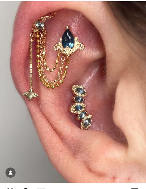 Maximalist Ear Stack, Ear Chart Piercings, Ear Setup, Ear Styling, Ear Stacks, Spring Jewelry Trends, Belly Button Piercing Jewelry, Piercing Inspo, Pretty Ear Piercings