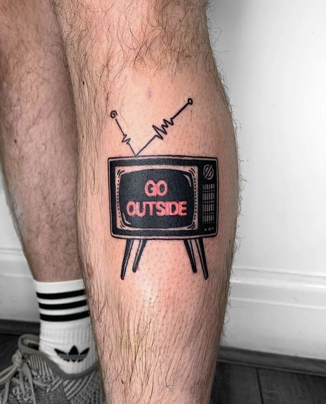 Outside Tattoo, Tv Tattoo, Leg Tattoo, Tv Box, Stone Heart, Heart Tattoo, Leg Tattoos, Go Outside, Tattoo Studio