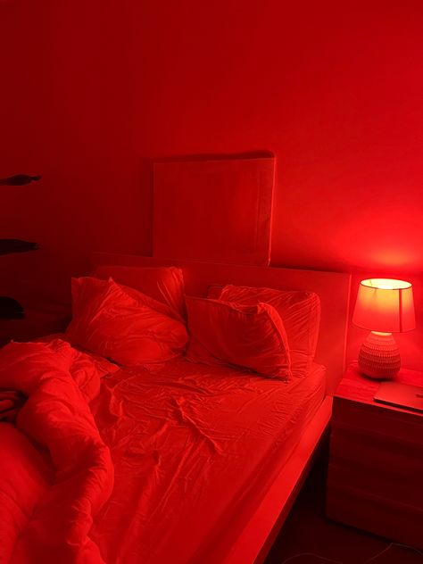 Red Lights In Bedroom, Red Light Bed, Red Light Bedroom Aesthetic, Red Lamp Aesthetic, Red Light Lamp, Red Light Aesthetic Room, Bedroom Aesthetic Led Lights, Red Led Lights Bedroom Aesthetic, Light Bedroom Aesthetic