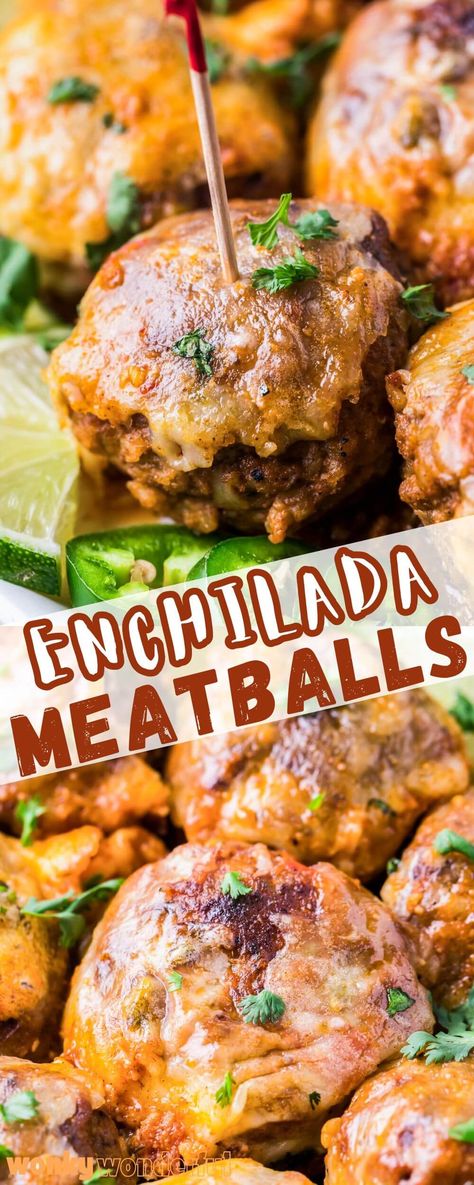 Make ENCHILADA MEATBALLS for a fun twist to a favorite family dinner. Juicy meatballs swimming in enchilada sauce then smothered in melty cheese. Enchilada Meatballs Crockpot, Pasta Balls, Enchilada Meatballs, Dinner Meatballs, Latino Recipes, Mexican Meatballs, Juicy Meatballs, Green Beans Side Dish, Holiday Appetizers Recipes