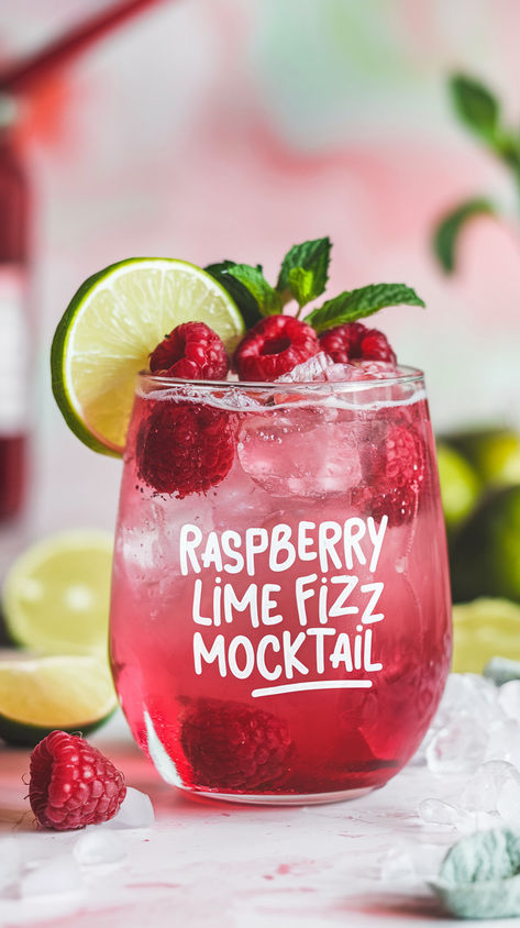 "Discover the ultimate Raspberry Lime Fizz Mocktail recipe for a refreshing  summer treat! This delightful non-alcoholic drink combines the tangy zest  of lime with the sweetness of fresh raspberries, making it the perfect  addition to your summer refreshments. Ideal for parties, this easy mocktail  idea is a hit among fruit fizz recipes. Impress your guests with this  vibrant Raspberry Lime Mocktail that everyone will love! Cheers to  delicious non-alcoholic drinks!" Spring Drink Recipes Nonalcoholic, Raspberry Lime Mocktail, Drinks For Teenage Party, Picnic Drink Ideas Non Alcoholic, Breakfast Non Alcoholic Drinks, Fizzy Drinks Non Alcoholic, Mocktail Ideas Wedding, Thai Drink Recipes, Mocktail Recipe Summer