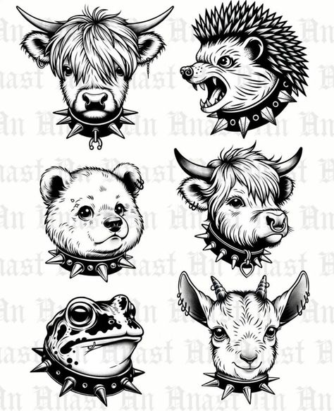 Punk rock cute animals Spooky Cow Tattoo, Punk Rock Drawings, Punk Rock Tattoo Ideas, Weird Animal Tattoos, Punk Cat Tattoo, Funny Animal Tattoos, Animal Bone Tattoo, Gothic Art Tattoo, Pop Punk Tattoo