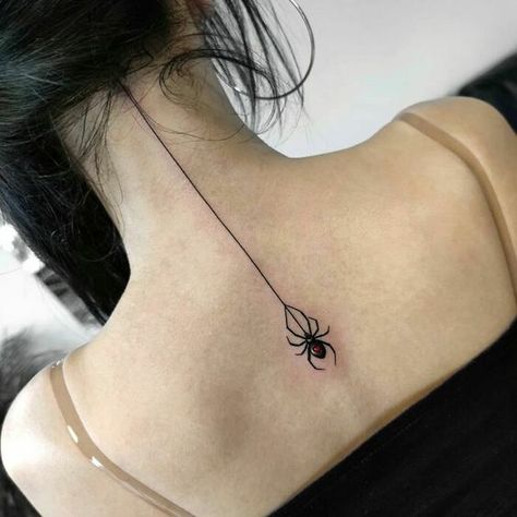 Black Small Tattoos Simple, Small Edgy Tattoos Simple, Simple Goth Tattoos For Women, Spider On Chest Tattoo, Spider Behind The Ear Tattoo, Edgy Simple Tattoos, Black Widow Tattoo Women, Cute Black Tattoos, Hanging Spider Tattoo