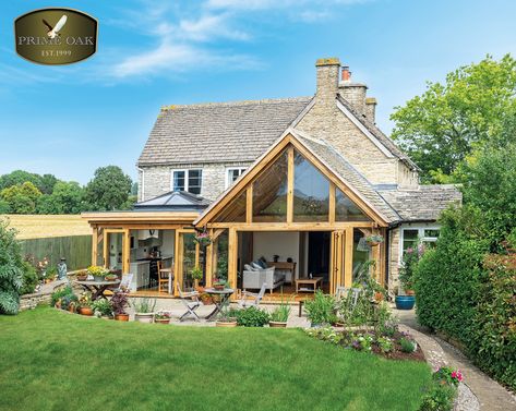 Quintessential country cottage oak extension 🏡⁠ ⁠ Who else thinks the Orangery and Garden Room are a stunning addition to the existing home? 😍🙋⁠ ⁠ ⁠ ⁠ #oakextension #orangeryextension #bifolddoors #gardenviews #countrysideviews #countrycottage #countryliving #gardenroom #homeinspo Victorian Cottage Extension, Small Cottage Extension, Thatched Cottage Extension, Wooden Extension Ideas, Oak Extension, Sunroom Renovation, Garden Extension, Kitchen Orangery, Small House Extensions