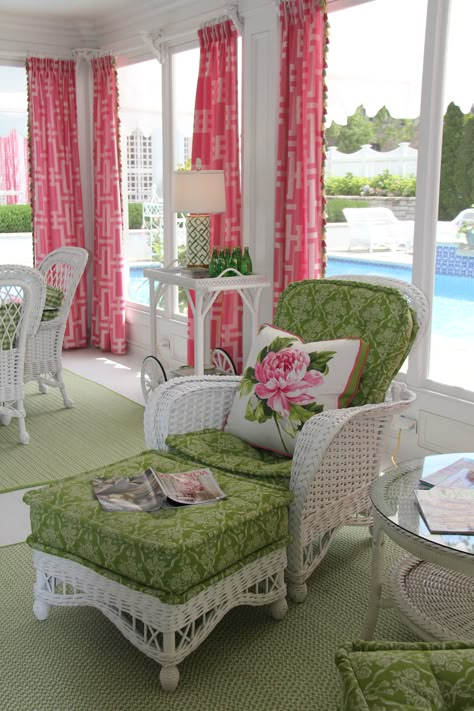 Porch, white wicker, pink and green.  Kimberly McCluskey Design Services. White Wicker Furniture, Wicker Bedroom, Sun Rooms, Green Cottage, Florida Room, Outdoor Wicker Furniture, Pink Curtains, Wicker Decor, White Wicker