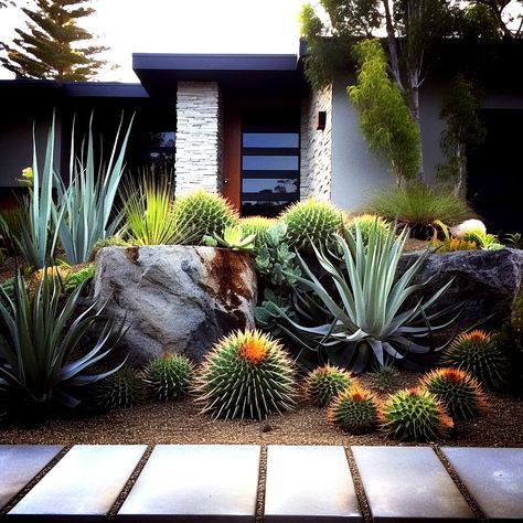 Succulent Front Yard Landscaping, Succulent Front Yard, Succulent Landscaping Front Yard, Garden Landscape Ideas, Japanese Garden Backyard, Cactus Garden Landscaping, Houston Garden, Low Maintenance Garden Design, Succulent Garden Landscape