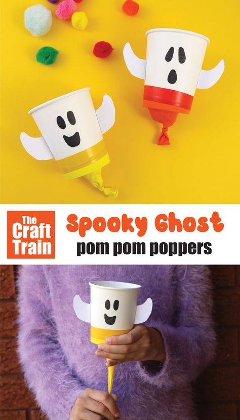 Pom Pom Popper, Halloween Class Party, Halloween Crafts Preschool, Ghost Crafts, Halloween Kindergarten, October Crafts, Fun Halloween Crafts, Halloween Arts And Crafts, Halloween Preschool