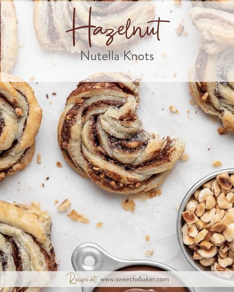 Four ingredient crunchy and soft puff pastry knots filled with Nutella and hazelnuts #puffpastry #nutella #hazelnut #knots Cinnamon Knots, Fresh Cherry Pie, Nutella Puff Pastry, Plum Pie, Easy Puff Pastry, Nutella Spread, Hazelnut Spread, Fresh Cherries, Recipe From Scratch