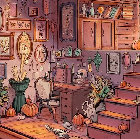 Gretlusky Art, Witch House Interior, Witch Bedrooms, Witch Room, Characters Inspiration, Bedroom Drawing, Procreate Illustration, Characters Inspiration Drawing, Autumn Illustration