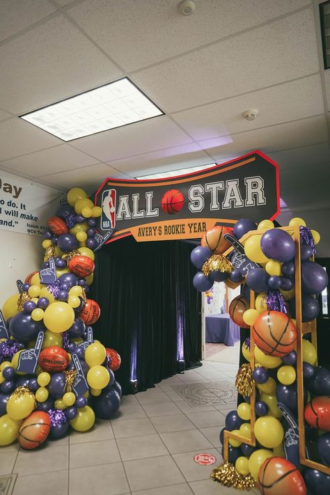 Nba Party, Nba Birthday Party, Nba Themed Birthday Party, Sport Balloon Arch, Laker Theme Balloon Garland, Nba Theme Party, Basketball Birthday Balloon Arch, Basketball Decorations Party, Basketball Backdrop Parties