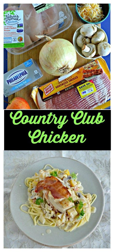 Everything you need to make this delicious Country Club Chicken served over pasta. #chickenrecipes #fancyrecipes #pastarecipes | Chicken Recipes | Bacon Recipes | Pasta recipes | Fancy Recipes | Weekend Meals | Recipes Fancy, Fancy Recipes, Bacon Pasta Recipes, Apples And Onions, Chicken Main Dish Recipes, Friends Recipes, Spaghetti Noodles, Recipes Pasta, Weekend Meals