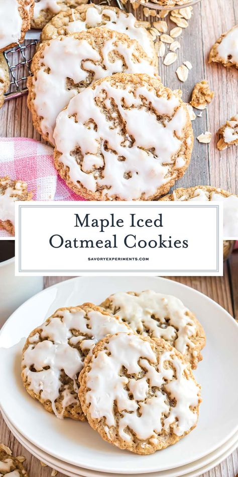 Full of cinnamon flavor and topped with a sweet maple icing, these EASY Iced Oatmeal Cookies recipe is perfect for making all year round! Iced Oatmeal Cookie Recipe, Maple Oatmeal Cookies, Maple Desserts, Maple Icing, Maple Oatmeal, Fabulous Desserts, Maple Cookies, Iced Oatmeal Cookies, Healthy Snack Bars