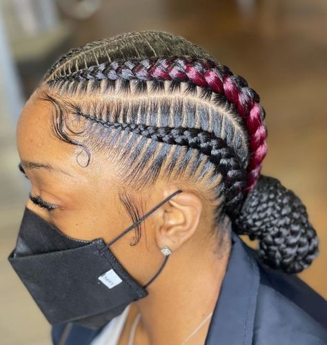 Black Goddess Braids with Magenta Highlights 4 Stitch Braids, Plait Braids, Stitch Braids Cornrows, Two Cornrow Braids, Blonde Braiding Hair, Unnatural Hair Color, Plait Braid, Cornrows Braids For Black Women, Braids Cornrows