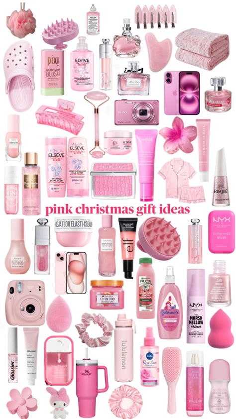 Pink Christmas Basket Ideas, Pink Stocking Stuffers, Pink Christmas Gift Ideas, Pink Gifts Ideas, Xmas Gift Ideas For Teens, Pink Christmas Basket, Xmas List Ideas Teens, Girly Christmas List, Girly Gift Ideas