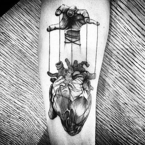 Gentleman With Heart Tattoo Pulled By Puppet Strings In Blackwork On Thigh Marionette Tattoo, Puppet Tattoo, String Tattoo, Anatomical Heart Tattoo, Geniale Tattoos, Heart Tattoo Designs, Different Tattoos, Anatomical Heart, Human Heart