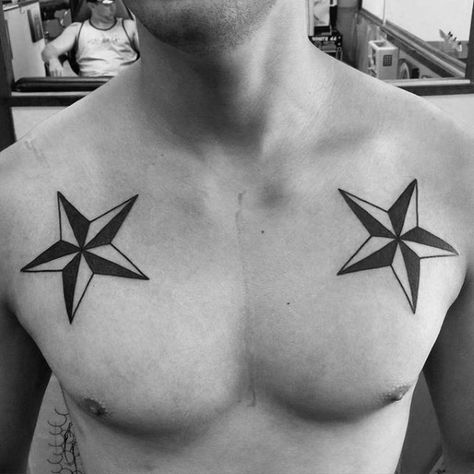 Traditional Mens Nautical Star Black Ink Chest Tattoos White Star Tattoo, Shooting Star Tattoos, Star Tattoos For Men, Stammestattoo Designs, Nautical Star Tattoos, Tattoo Homme, 16 Tattoo, Kunst Tattoos, Nautical Star