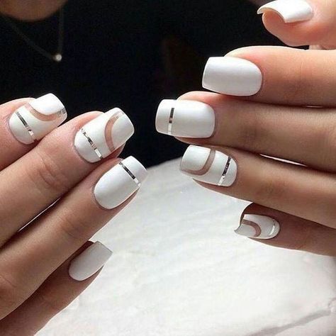 Manicure Geometric Nail Art Ideas – OSTTY Wedding Nail Art Design, Line Nail Art, Bridal Nail Art, Geometric Nail Art, White Acrylic Nails, Geometric Nail, Lines On Nails, White Nail Designs, Nail Art Wedding