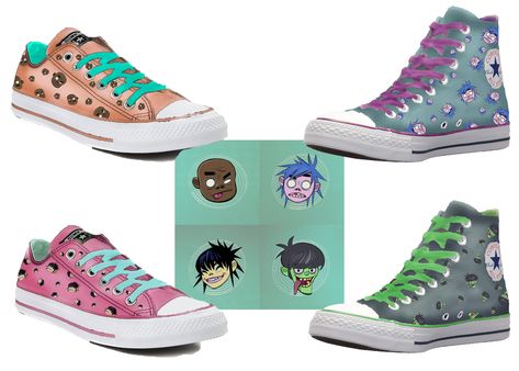 Line up of the Gorillaz Converse designs that will be featured on the ads. Each design features one of the band member icons that are featured in Song Machine Might go back and rework the color schemes of the low-top designs. Gorillaz Converse, Clarence Jeff, Gorillaz Merch, The Gorillaz, Converse Design, Gorillaz Art, Float Like A Butterfly, Design Line, Chris Cornell