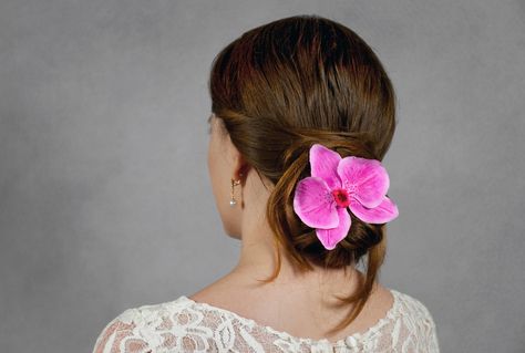 Bun Hairstyles with Artificial Flowers for Beginners Bright Yellow Wedding, Flower For Hair, Pink Headpiece, Bridal Hair Clips, Bridal Hair Ornaments, Clip Wedding Hair, Flower Hair Clips Wedding, Orchid Hair, Bridal Hair Pieces Flower