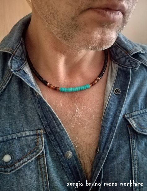 sergio bruno mens necklace Mens Necklace Ideas, Necklace Designs Men, Mens Beaded Necklace, Diy Mens Jewelry, Beads Necklace For Men, Copper Jewelry Diy, Homemade Necklaces, Mens Leather Necklace, Mens Beaded Necklaces