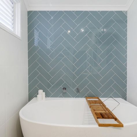 Subway Tile Feature Wall Bathroom, Sky Blue Tiles Bathroom, Blue Subway Tile Bathroom, Blue Herringbone Tile Bathroom, Herringbone Bathroom Wall, Bathroom Herringbone Tile, Herringbone Bathroom Tile, Sky Blue Bathroom, Kitchen Subway Tiles