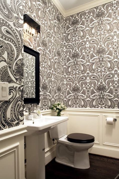 Not Your Parent's Wood Panelling - HomeSquare Black Toilet Seats, Large Print Wallpaper, Traditional Powder Room, White Toilet, Elongated Toilet Seat, Paisley Wallpaper, Black Toilet, Downstairs Toilet, Powder Room Design