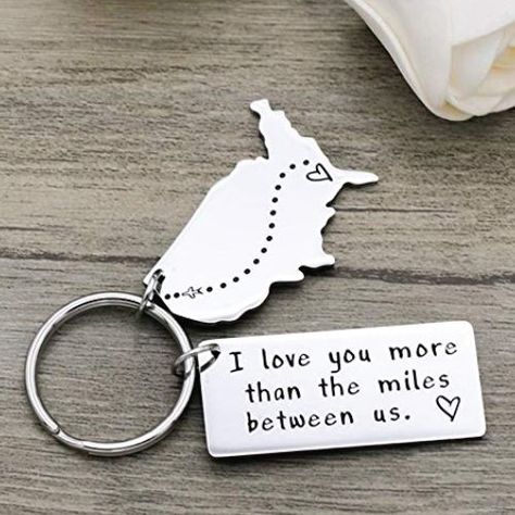 "I love you more than miles between us" LDR Love Quote Keychain. Going away gifts for long distance boyfriend. College Gift Ideas, Ldr Gifts, Unique Gifts For Boyfriend, Traditional Anniversary Gifts, Going Abroad, Gift Ideas For Boyfriend, Romantic Anniversary Gifts, Gifts For Guys, Goodbye Gifts