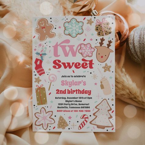 Christmas Cookie Two Sweet 2nd Birthday Party Invitation Four Ever Sweet Birthday Party, Four Year Old Birthday Theme, Four Ever Sweet Birthday, Two Sweet 2nd Birthday, Four Ever Sweet, Sweet One 1st Birthday, Winter Birthday Themes, Sweet Birthday Party, Second Birthday Ideas